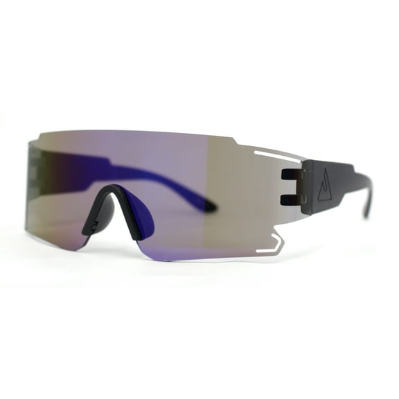 Mens Oversized Wrap Sport Color Mirror Shield Futuristic Sunglasses Black - Blue Mirror