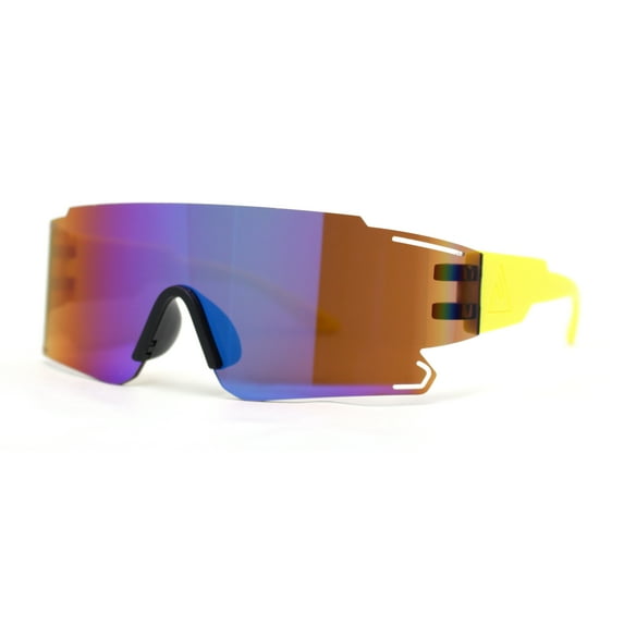 Mens Oversized Wrap Sport Color Mirror Shield Futuristic Sunglasses Yellow - Teal Mirror