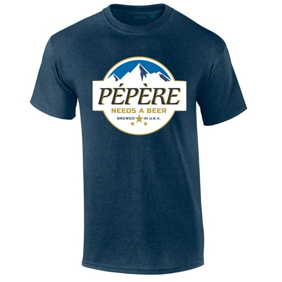 Mens P?p?re Needs A Beer Shirt Funny Blue Mountains American Can Logo Parody Short Sleeve T-shirt Graphic Tee-Heather Navy-small