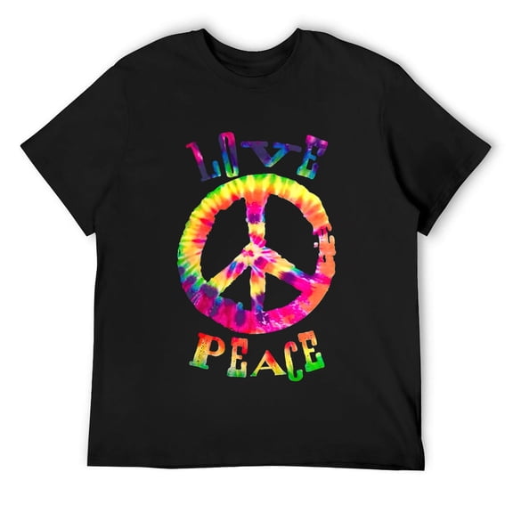 Mens PEACE SIGN tee LOVE TShirt 60s 70s Tie Die Hippie Costume Short Sleeve T-Shirt Black S