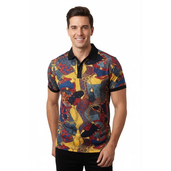 Mens PLATINI Sports Polo Shirt With Rhine Stones Fancy Chains DPP8238 Black