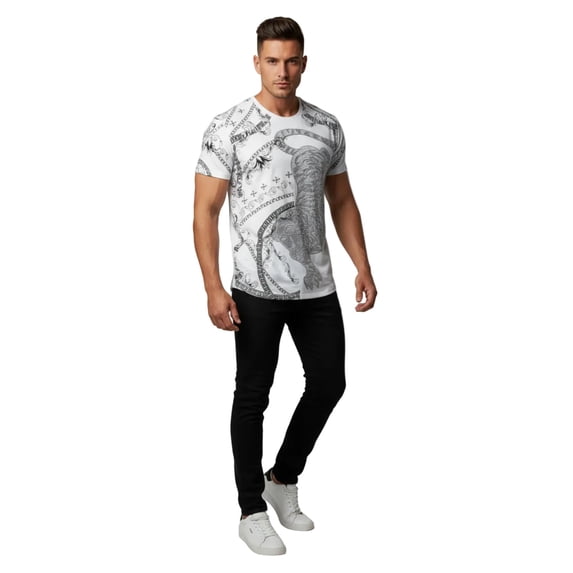 Mens PLATINI Sports Shirt With Rhine Stones Lion Chain STT8023 White