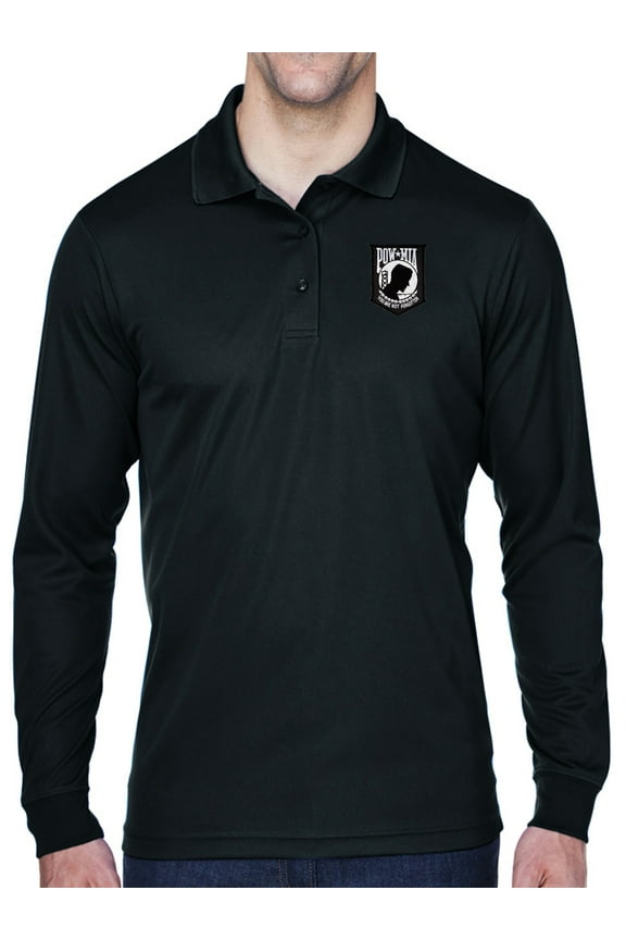 Mens POW MIA Flag Patch Long Sleeve Polo Shirt - Black, 5XL