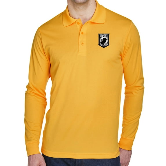 Mens POW MIA Flag Patch Long Sleeve Polo Shirt - Gold, XL