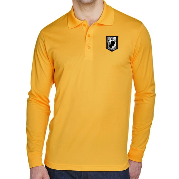 Mens POW MIA Flag Patch Long Sleeve Polo Shirt - Gold, XL
