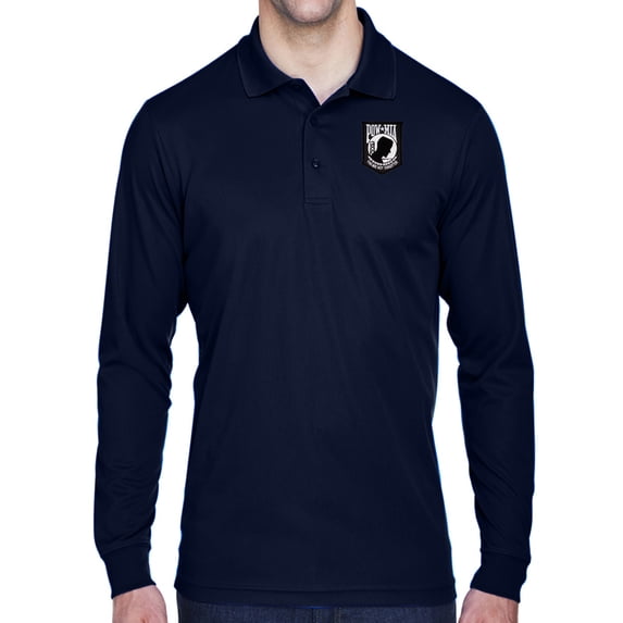 Mens POW MIA Flag Patch Long Sleeve Polo Shirt - Navy, 3XL
