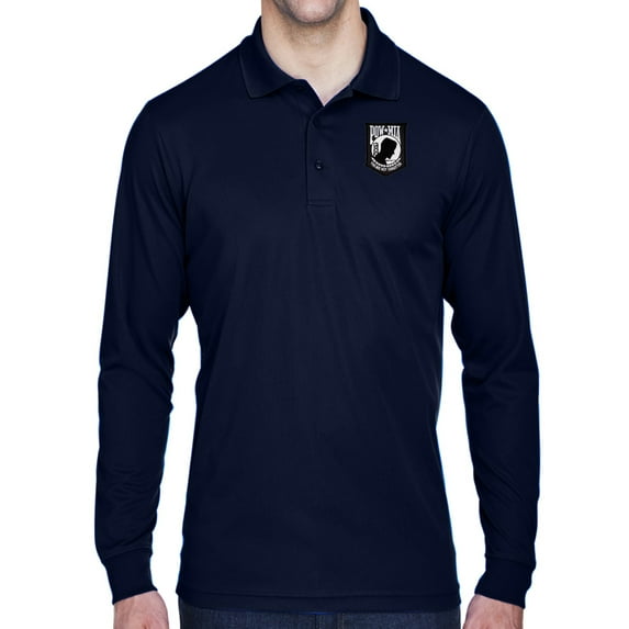 Mens POW MIA Flag Patch Long Sleeve Polo Shirt - Navy, Small