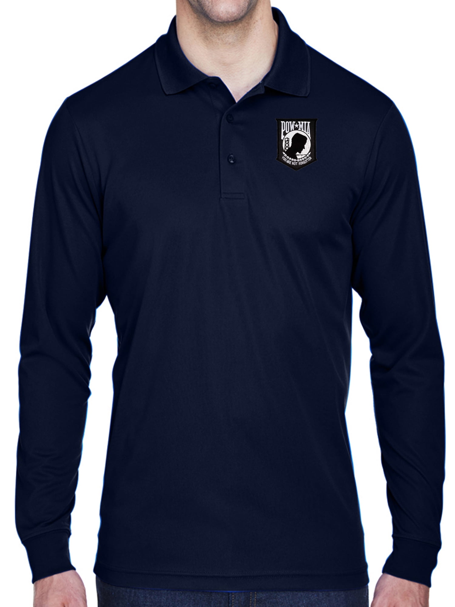 Mens POW MIA Flag Patch Long Sleeve Polo Shirt - Burgundy, XL