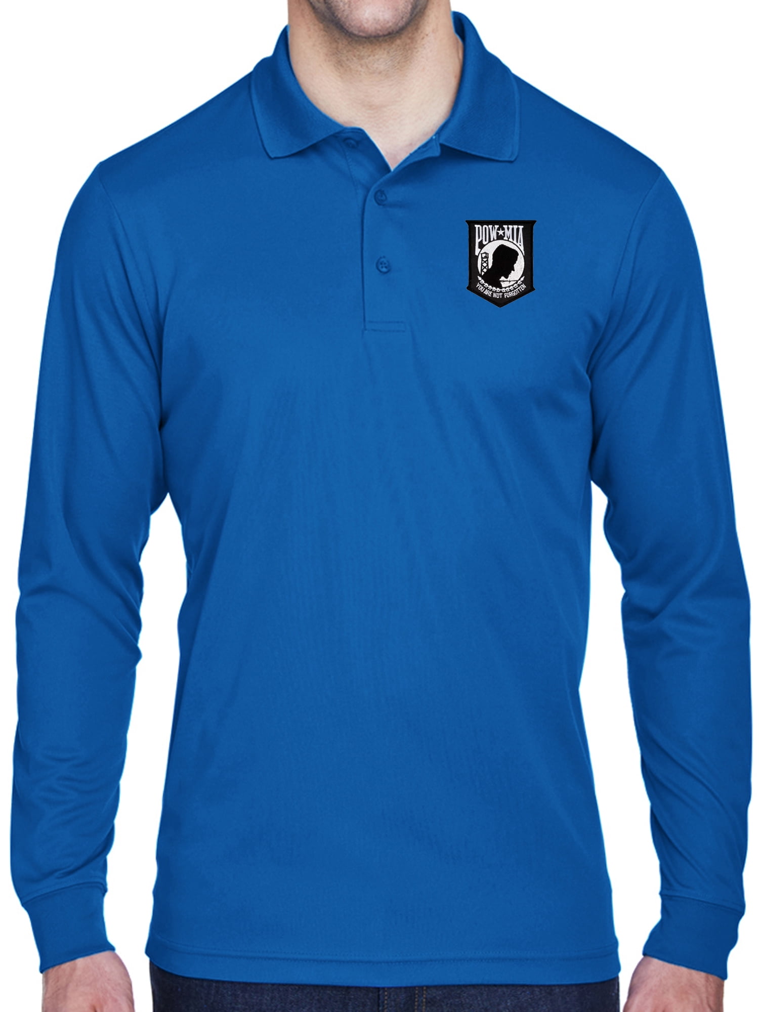Mens POW MIA Flag Patch Long Sleeve Polo Shirt - Burgundy, XL