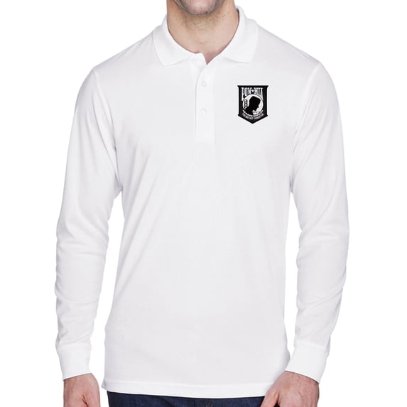 Mens POW MIA Flag Patch Long Sleeve Polo Shirt - White, 2XL