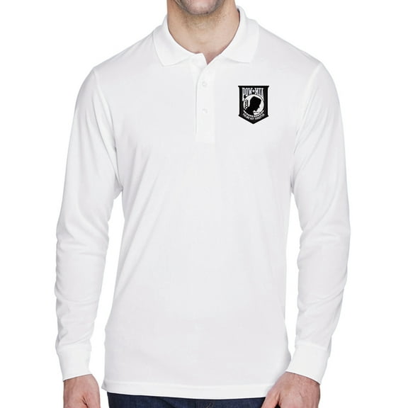 Mens POW MIA Flag Patch Long Sleeve Polo Shirt - White, Medium