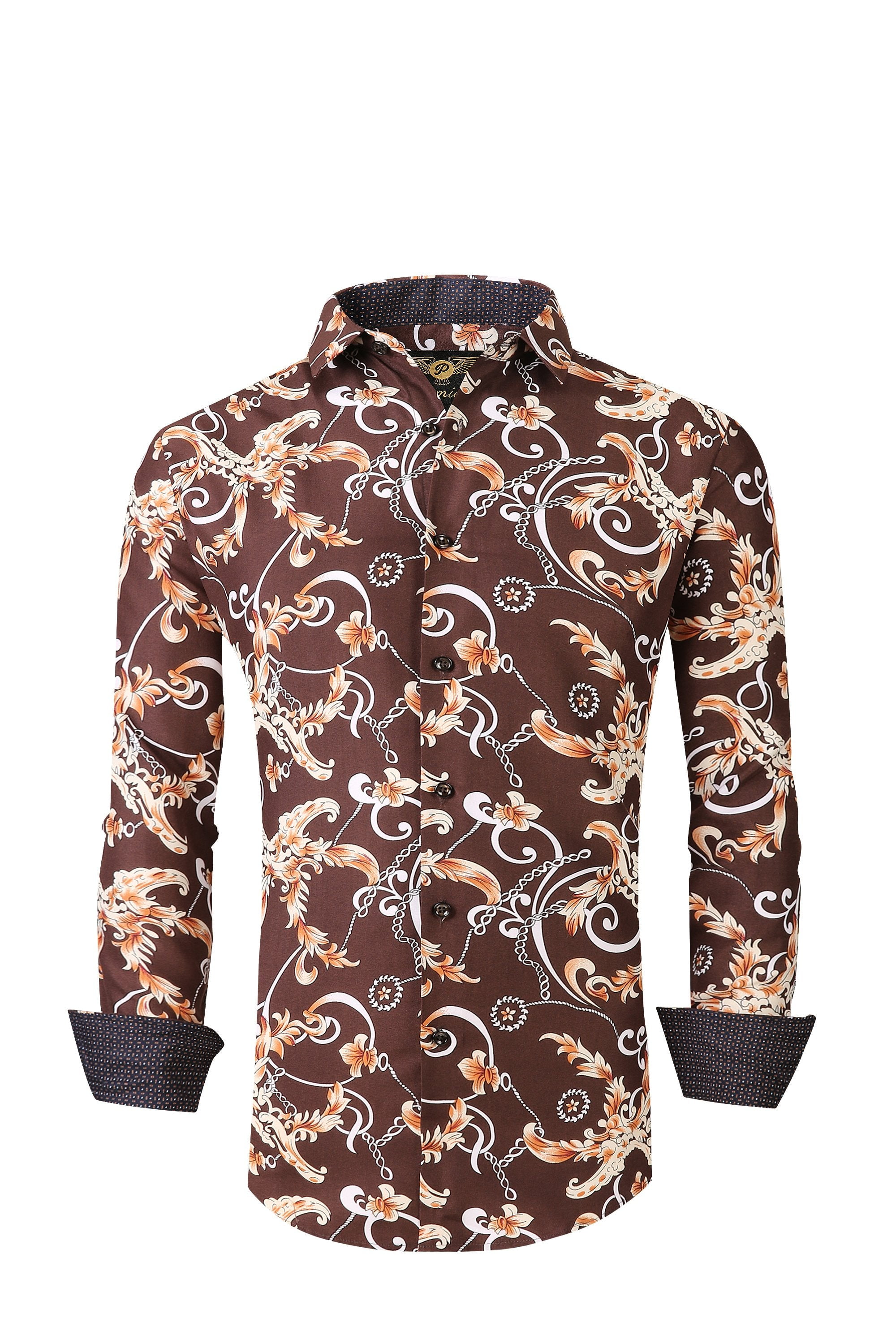 Mens PREMIERE Long Sleeve Button Down Dress Shirt BROWN DESIGNER PAISLEY -  Walmart.com