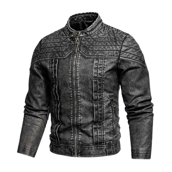Mens PU-Leather Jackets with Zipper Pockets Vintage Zip-Up Coats Trendy Solid Color Long Sleeve Slim Mock Neck Motorcycle Outerwear Jacket