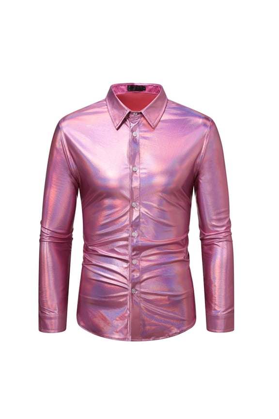 Mens PU-Leather Shirts Long Sleeve Button-Down Collared Tshirts Shirt Trendy Solid Color Shiny Slim-Fit Performance Nightclub T-Shirts Tops