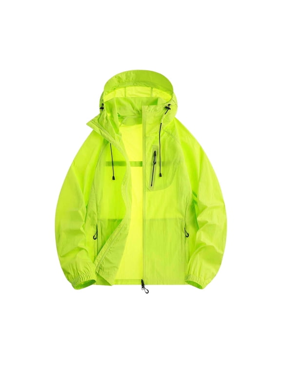 Mens Packable Lightweight Sun Protection Jacket Long Sleeve Windbreaker Nylon Full-Zip Hooded Vented Raglan Sleeve Zip Pockets for Running