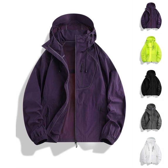 Mens Packable Lightweight Sun Protection Jacket Long Sleeve Windbreaker Nylon Full-Zip Hooded Vented Raglan Sleeve Zip Pockets for Running