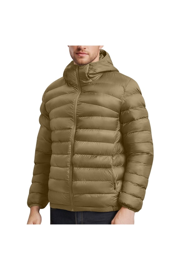 Mens Packable Puffer Jacket Lightweight Winter Hooded Coat Windproof Zipper down Outerwear with Pocket New Lightweight Jacket Men Athletic Khaki XXL