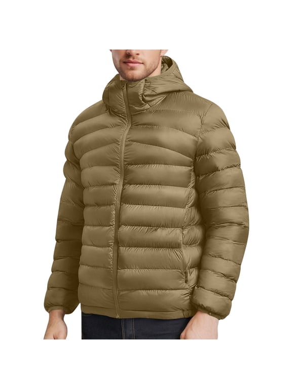 Mens Packable Puffer Jacket Lightweight Winter Hooded Coat Windproof Zipper down Outerwear with Pocket New Mens Fall Clothes Fashion Outfits Khaki L