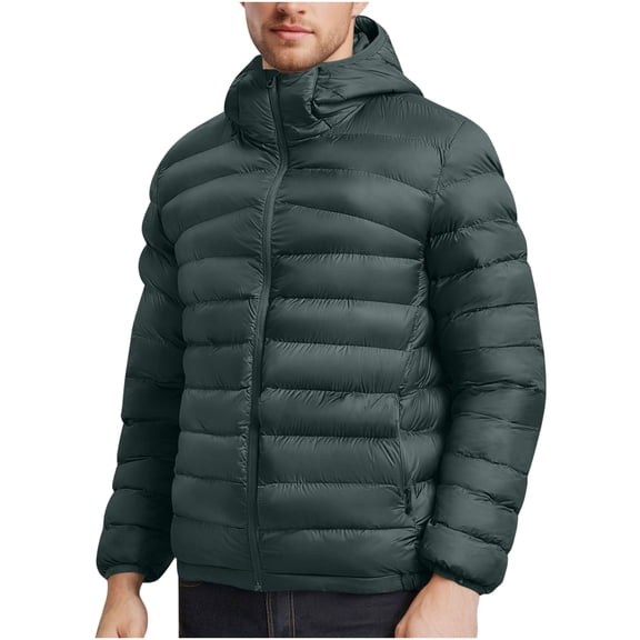 Mens Packable Puffer Jacket Lightweight Winter Hooded Coat Windproof Zipper down Outerwear with Pocket New Mens Loose Outerwear Green M