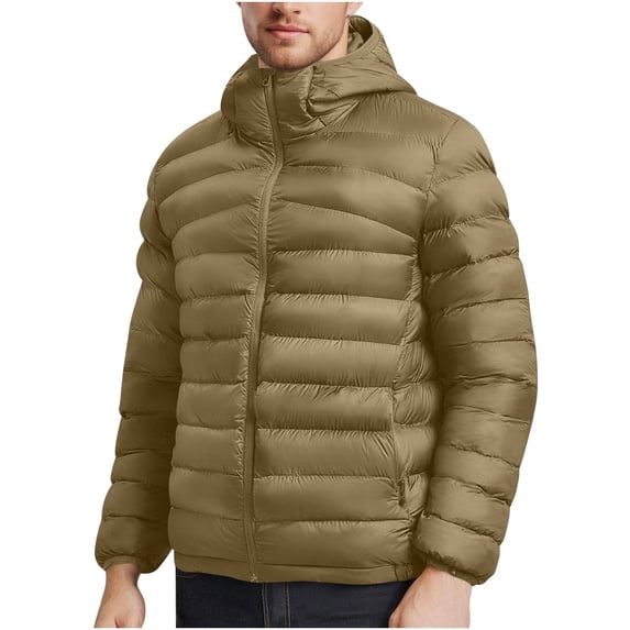 Mens Packable Puffer Jacket Lightweight Winter Hooded Coat Windproof Zipper down Outerwear with Pocket New Open Front Outerwear for Men Khaki S