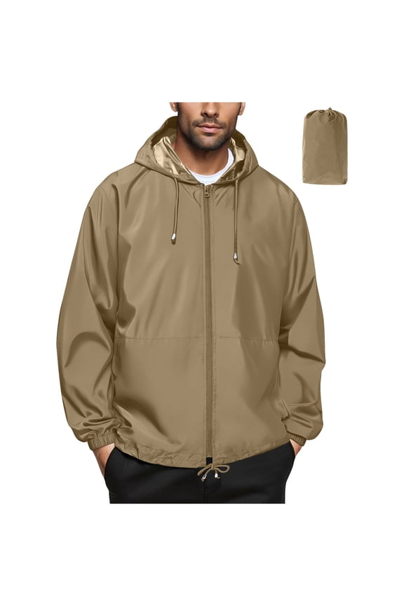 Mens Packable Waterproof Jackets Lightweight Hooded Windbreaker Outwear Jacket Golf Shell Long Sleeve Rain Coat Khaki, 3XL