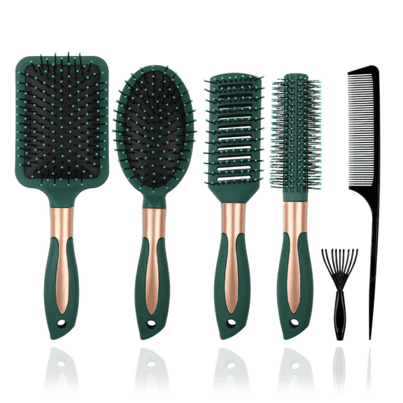 Mens Paddle Hair Brush Comb Set for Women and Men 6 Pcs Wet Hair Brushes for long Hair No Tangle Hair Brush for Curly or Straight Hair (Dark Green)