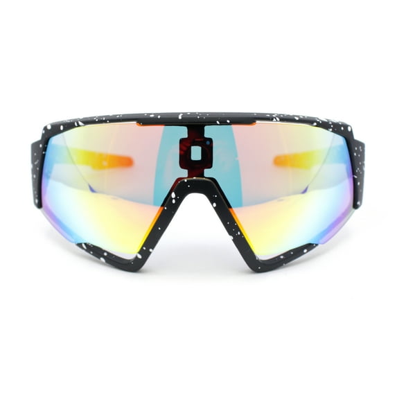 Mens Paint Splatter Oversize Shield Curved Wrap Color Mirror Sport Sunglasses Black - Orange Mirror