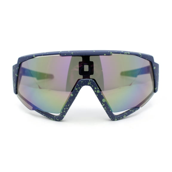 Mens Paint Splatter Oversize Shield Curved Wrap Color Mirror Sport Sunglasses Navy - Purple Mirror