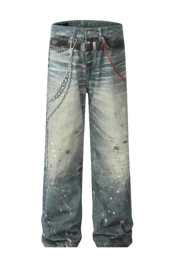 Mens Paint Splatter Wide Leg Jeans Distressed Denim with Pockets Washed Slightly Stretchy Casual Streetwear Pants