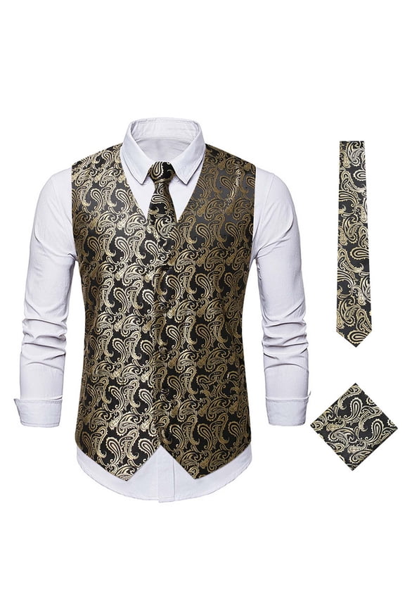 Mens Paisley V-neck Suit Vest Formal Jacquard Waistcoat Tie Set Floral Blazer Gentleman's Blazer Vest