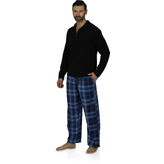 Mens Pajama Long Sleeve Top and Buffalo Plaid Pants Loungewear, Blue, Size: Small