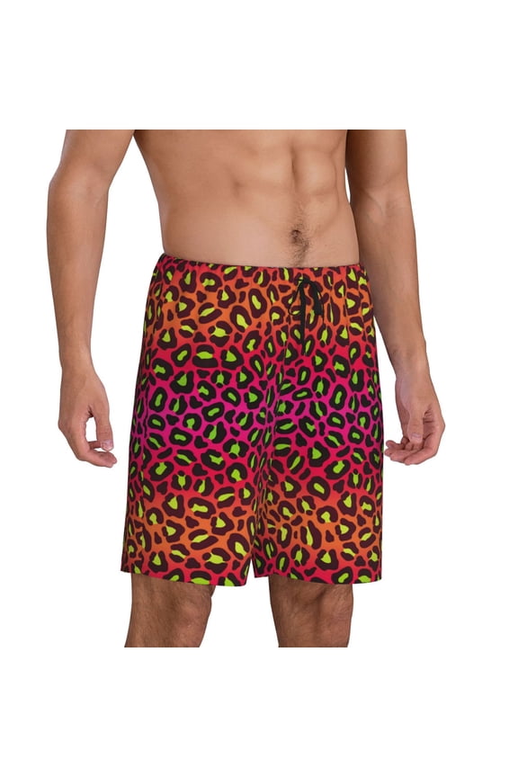 Mens Pajama Pants - 80s 90s Retro Pink Red Leopard Sleep Shorts Mens Pajama Shorts, Comfy Pj Pants for Mens Lounge Shorts
