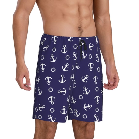 Mens Pajama Pants - Anchor Lifebuoy Cute Navyblue Sleep Shorts Mens Pajama Shorts, Comfy Pj Pants for Mens Lounge Shorts