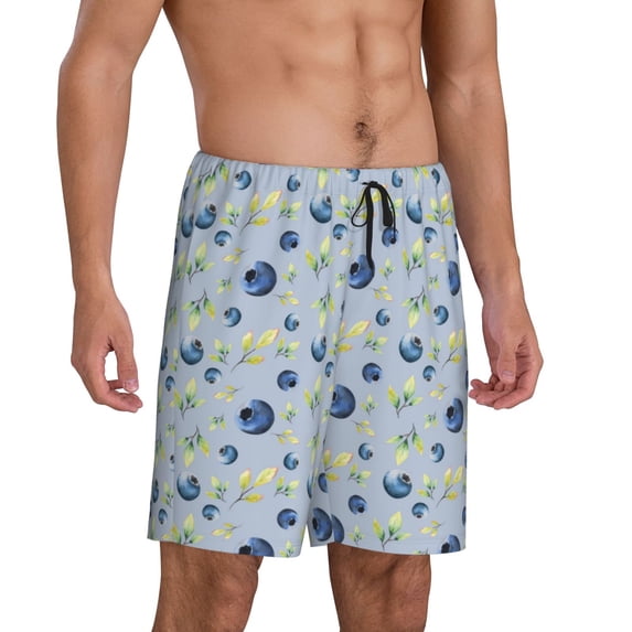 Mens Pajama Pants - Blueberries Leaf Pattern Sleep Shorts Mens Pajama Shorts, Comfy Pj Pants for Mens Lounge Shorts