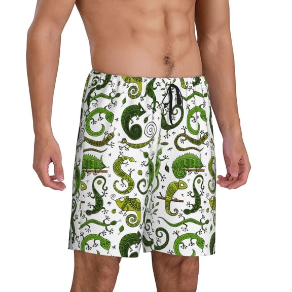 Mens Pajama Pants - Bohemian Gecko Lizard Green Sleep Shorts Mens Pajama Shorts, Comfy Pj Pants for Mens Lounge Shorts