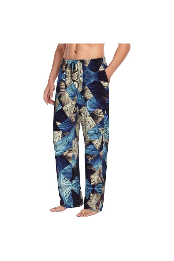 Mens Pajama Pants Bottoms with Pockets - Abstract Blue Squares Comfy Mens Pj Pants, Soft Men Lounge Pants