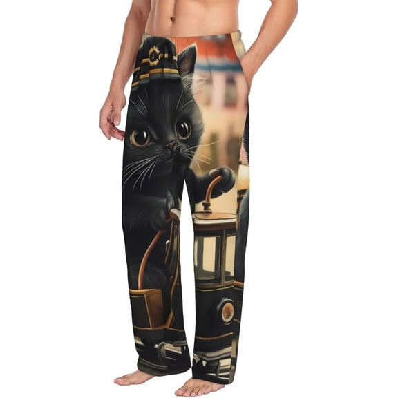Mens Pajama Pants Bottoms with Pockets - Adorable Kitten On Mini Train Comfy Mens Pj Pants, Soft Men Lounge Pants