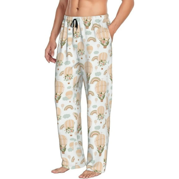 Mens Pajama Pants Bottoms with Pockets - Air Balloon and Flower Comfy Mens Pj Pants, Soft Men Lounge Pants