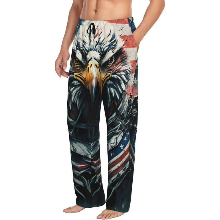 Mens Pajama Pants Bottoms with Pockets- Angry American Eagle Flag