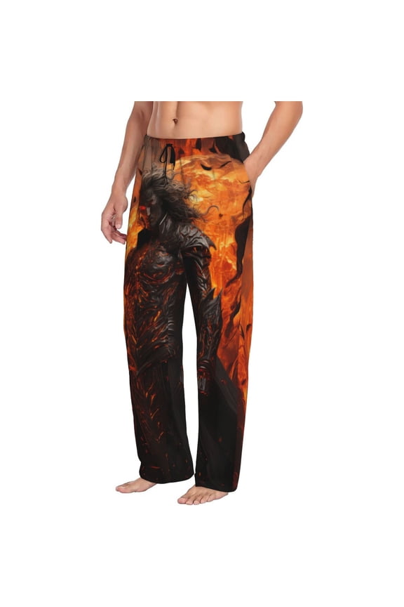 Mens Pajama Pants Bottoms with Pockets - Angry Fireball Flame Warrior Comfy Mens Pj Pants, Soft Men Lounge Pants