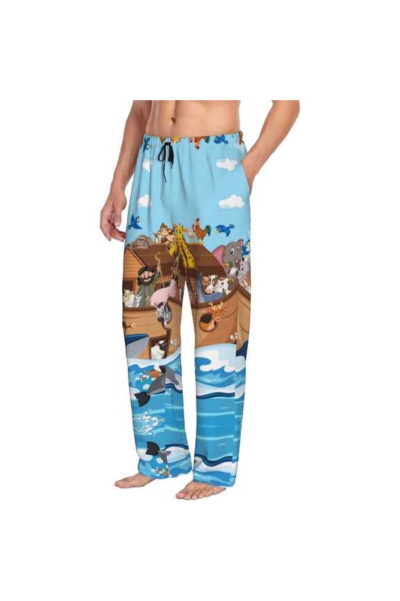 Mens Pajama Pants Bottoms with Pockets - Animals on Noah's Ark Floating Comfy Mens Pj Pants, Soft Men Lounge Pants