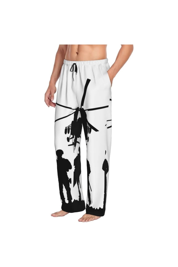 Mens Pajama Pants Bottoms with Pockets - Army Soldiers With Sniper Rifle On Duty Comfy Mens Pj Pants, Soft Men Lounge Pants