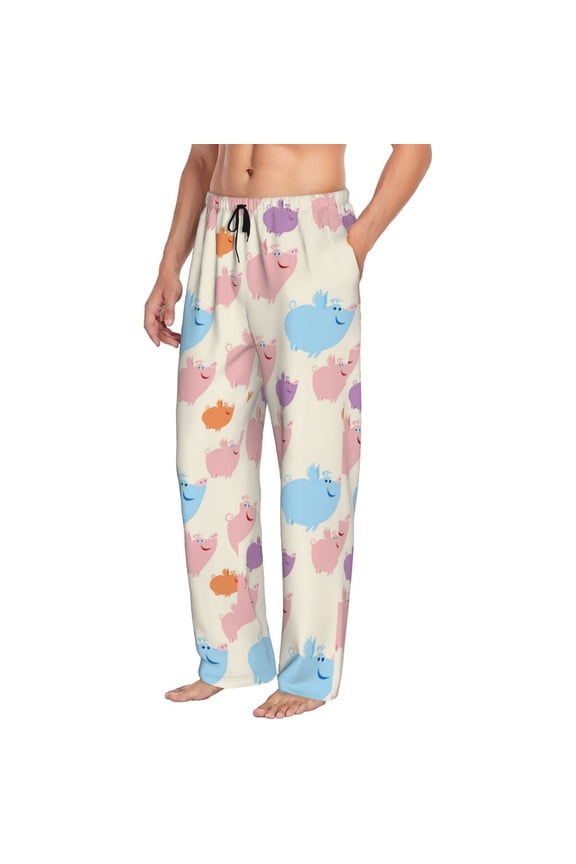 Mens Pajama Pants Bottoms with Pockets - Artistic Cute Cartoon Pig Comfy Mens Pj Pants, Soft Men Lounge Pants