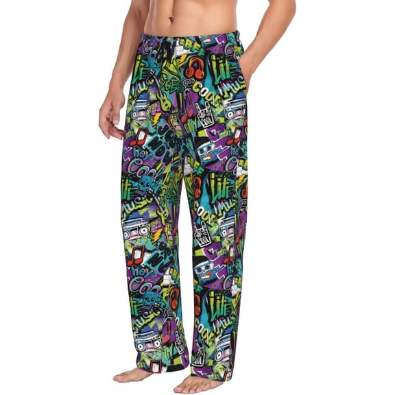 Mens Pajama Pants Bottoms with Pockets - Artistic Graffiti Instrument Notes Comfy Mens Pj Pants, Soft Men Lounge Pants