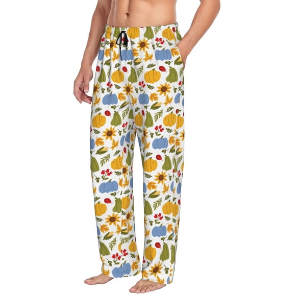 Mens Pajama Pants Bottoms with Pockets - Autumn Pumpkins Blooms Comfy Mens Pj Pants, Soft Men Lounge Pants