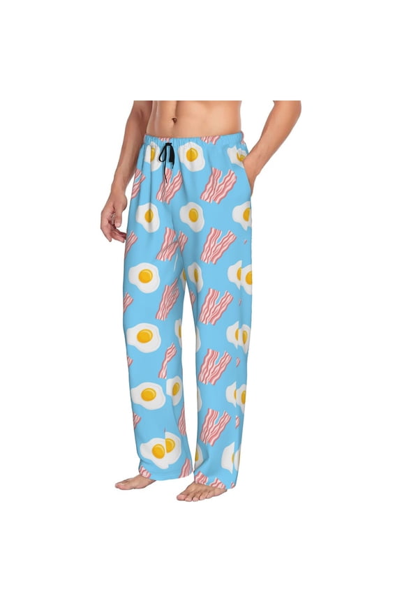 Mens Pajama Pants Bottoms with Pockets - Bacon Print Blue Comfy Mens Pj Pants, Soft Men Lounge Pants
