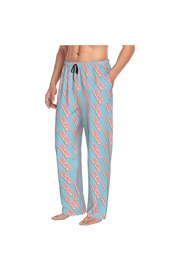 Mens Pajama Pants Bottoms with Pockets - Bacon Print Light Blue Comfy Mens Pj Pants, Soft Men Lounge Pants
