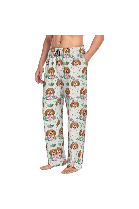 Mens Pajama Pants Bottoms with Pockets - Beagle Dog pink flower Comfy Mens Pj Pants, Soft Men Lounge Pants