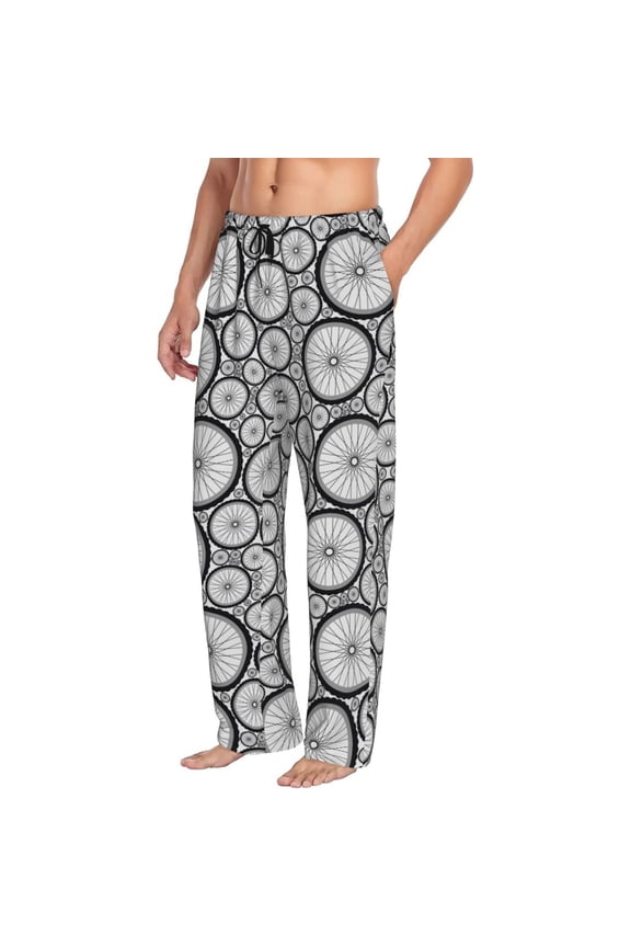 Mens Pajama Pants Bottoms with Pockets - Bike wheel Pattern Vintage Comfy Mens Pj Pants, Soft Men Lounge Pants