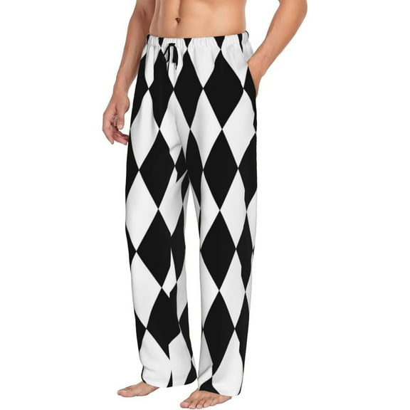 Mens Pajama Pants Bottoms with Pockets - Black And White Diamonds Comfy Mens Pj Pants, Soft Men Lounge Pants
